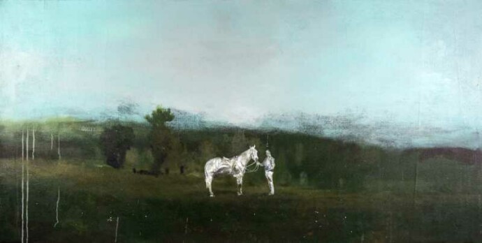 The ghostly figures of a man and horse are set against the epic backdrop of a forested landscape and atmospheric blue sky.