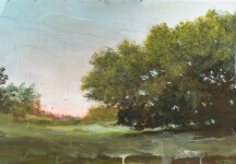 A stand of trees is framed by scumbled washes of blue, white and light pink in this atmospheric landscape by Peter Hoffer. Image 7