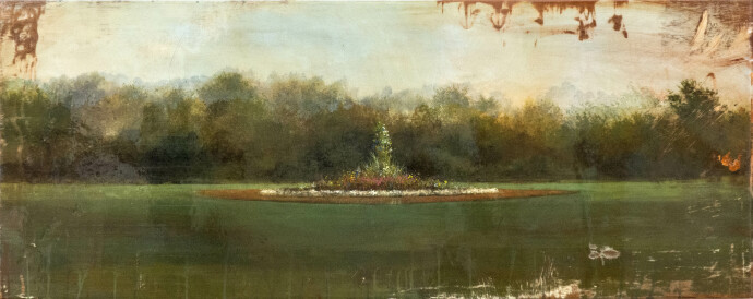 A bright, pretty flower garden draws the viewer’s eye to the center of this romantic landscape by Peter Hoffer.