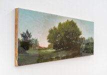 A stand of trees is framed by scumbled washes of blue, white and light pink in this atmospheric landscape by Peter Hoffer. Image 3