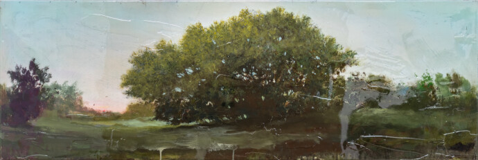 A stand of trees is framed by scumbled washes of blue, white and light pink in this atmospheric landscape by Peter Hoffer.