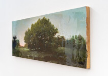 A stand of trees is framed by scumbled washes of blue, white and light pink in this atmospheric landscape by Peter Hoffer. Image 4