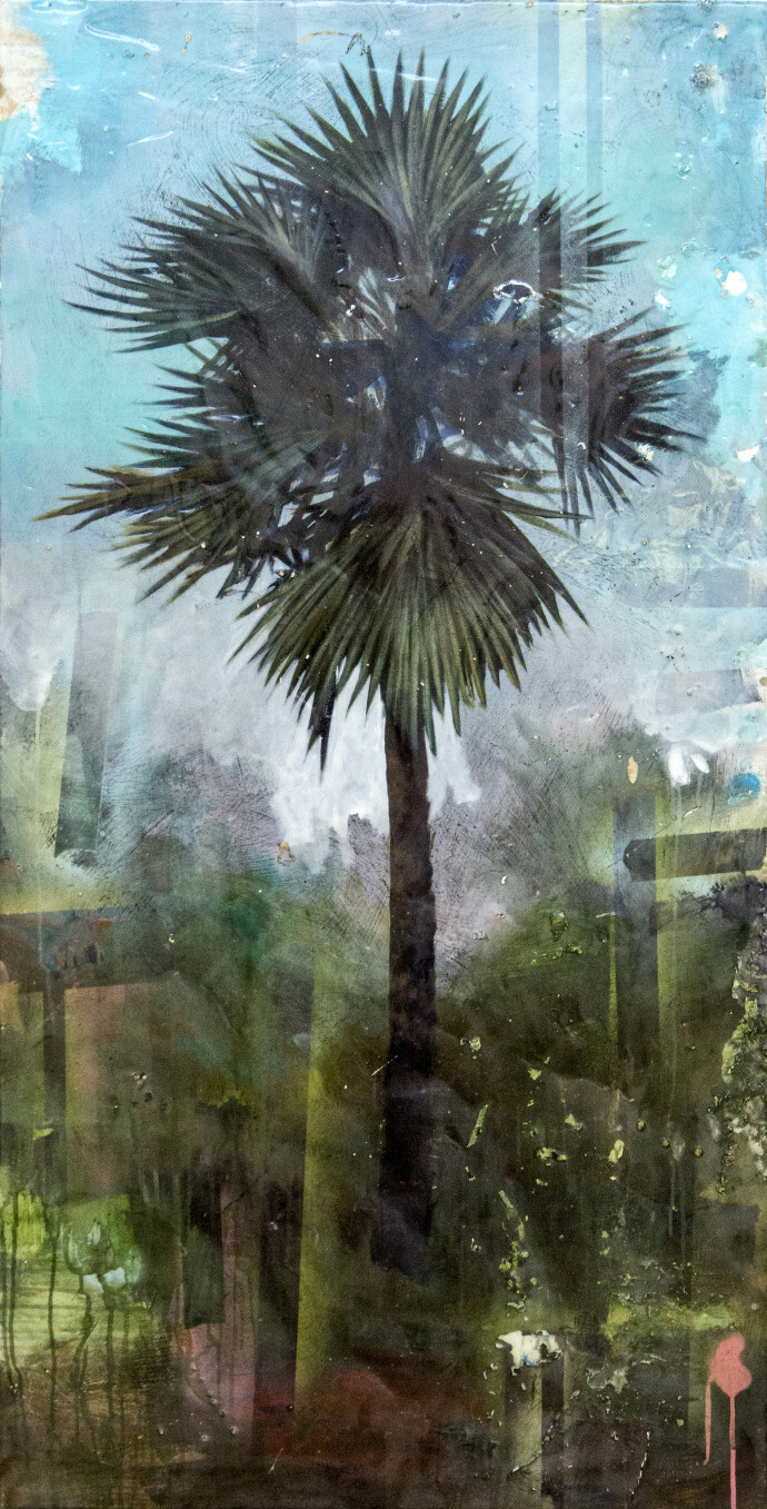 A majestic palm stands tall amidst a tangle of tropical plants in this ethereal landscape painting by Peter Hoffer.