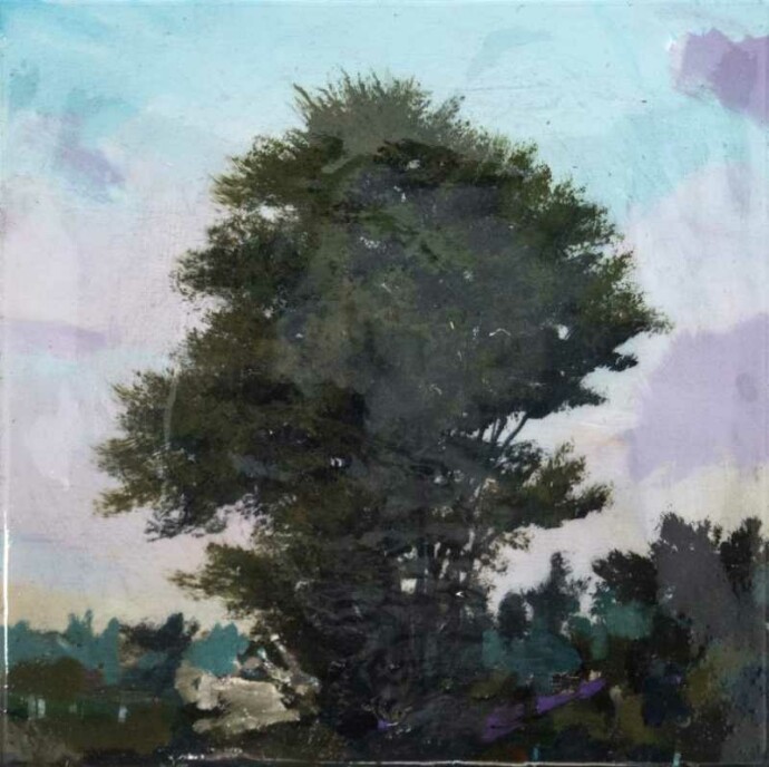 A leafy summer tree framed by a sky of mauve, amber and cerulean dominates the picture plane of this acrylic on board by Peter Hoffer.