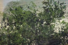 Furious brushstrokes in black, dark green, moss and yellow are pulled across a hillside and lone dark tree in this acrylic on board. Image 5