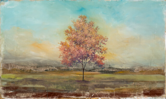 This contemporary mixed media landscape featuring a fruit tree is by Peter Hoffer.