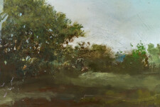 A stand of trees is framed by scumbled washes of blue, white and light pink in this atmospheric landscape by Peter Hoffer. Image 8