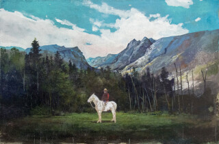 The iconic presence of a Mountie in red serge on a ghostly white horse is set against the epic backdrop of a mountain landscape.