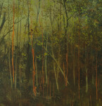 Dense spring forest with saplings in whites, reds and browns coalesce at the centre of the panel with foreground of concentrated vegetation. Image 6