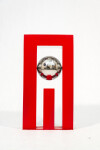 A highly polished stainless-steel ball framed by a rectangular cardinal red form appears to float in this dynamic table-top sculpture by Phi… Image 3