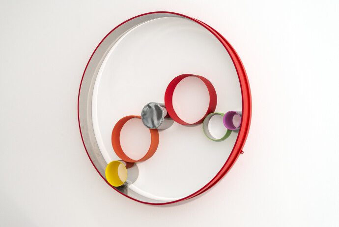 Painted in vivid colours, this intriguing modern metal wall sculpture was hand forged by Philippe Pallafray.