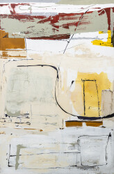 This contemporary large-scale abstract painting is rendered in hues of red, sienna and yellow.