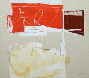 This contemporary abstract mixed media composition features geometric shapes in orange and sienna.