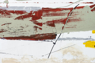 This contemporary large-scale abstract painting is rendered in hues of red, sienna and yellow.