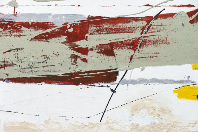 This contemporary large-scale abstract painting is rendered in hues of red, sienna and yellow.