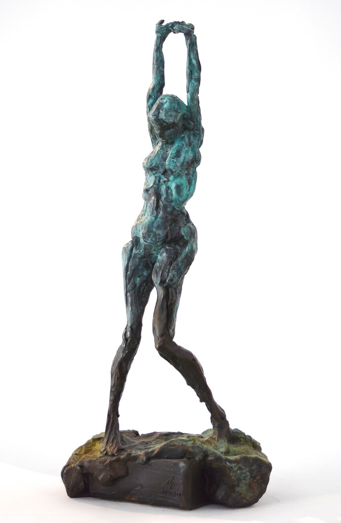 This bronze statuette of a female nude with arms stretched and straining above the head, the stabilizing legs on uneven ground was created r…