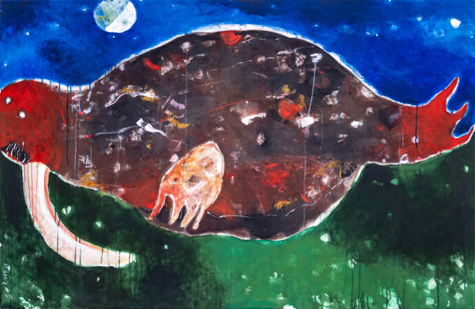 This contemporary acrylic painting of a walrus is by Metis artist Rick Rivet.