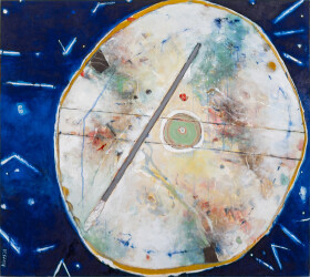 This contemporary acrylic painting of a moon is by Rick Rivet.