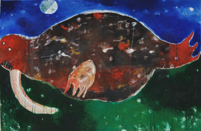 This contemporary acrylic painting of a walrus is by Metis artist Rick Rivet.