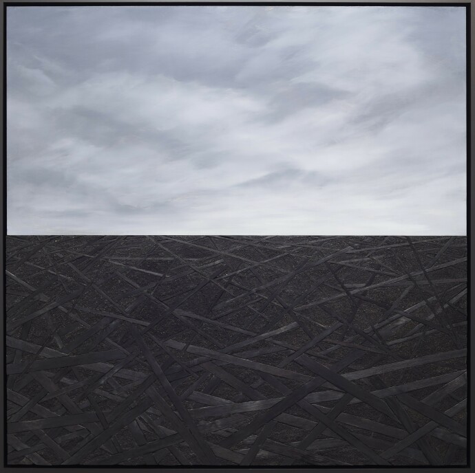 This contemporary mixed media wall composition by Rod Mireau is made of oil paint, wood and ink.