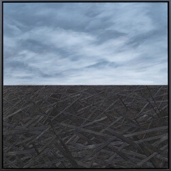 This contemporary mixed media wall composition by Rod Mireau is made of oil paint, wood and ink.