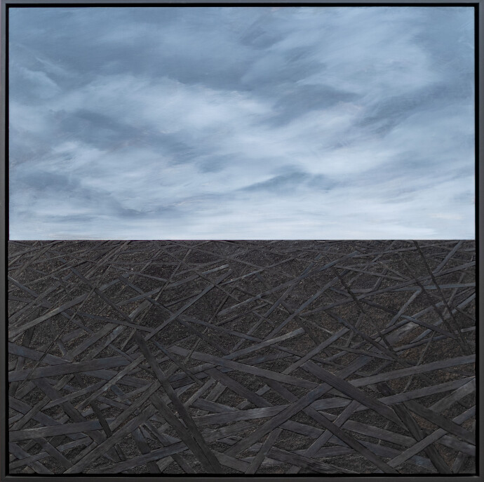 This contemporary mixed media wall composition by Rod Mireau is made of oil paint, wood and ink.