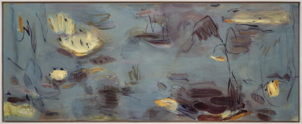 This contemporary abstract acrylic painting features yellow lilies.