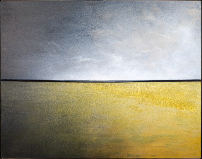 This contemporary painting captures a landscape in golden colors.