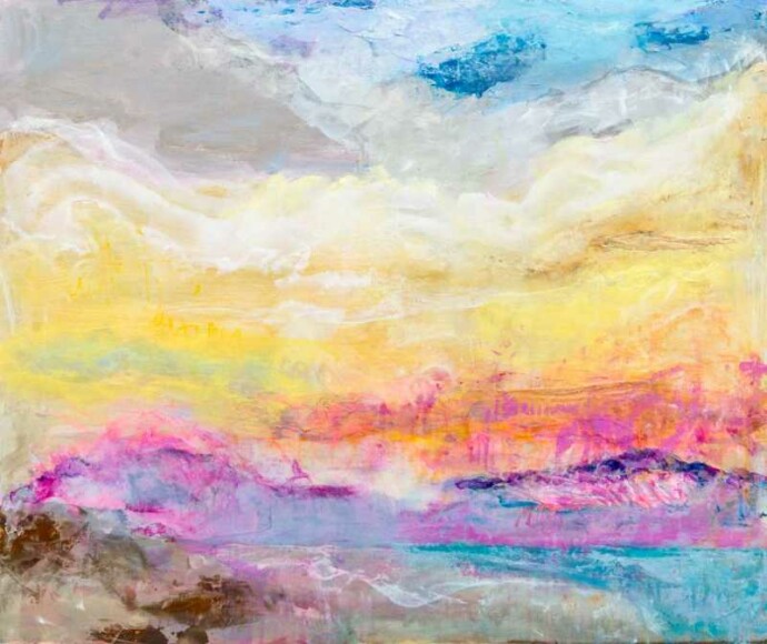 In this abstract landscape by Sharon Kelly, a glorious sunset ablaze on the horizon explodes in a mix of vibrant colours--pink, yellow, and …
