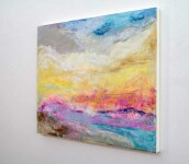 In this abstract landscape by Sharon Kelly, a glorious sunset ablaze on the horizon explodes in a mix of vibrant colours--pink, yellow, and … Image 3