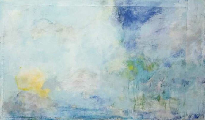 This dream-like diaphanous painting of land and sky is by Sharon Kelly rendered in delicate expressionist form and soft colours.