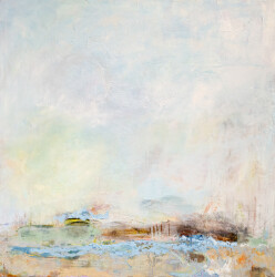 The view one has looking towards the horizon line above the sea is imagined in this dream-like mixed media piece by Sharon Kelly.