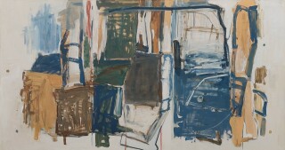 This contemporary mixed media composition was influenced by cubism.