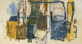 This contemporary mixed media composition was influenced by cubism.