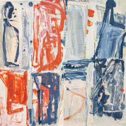 This contemporary mixed media composition was influenced by cubism.