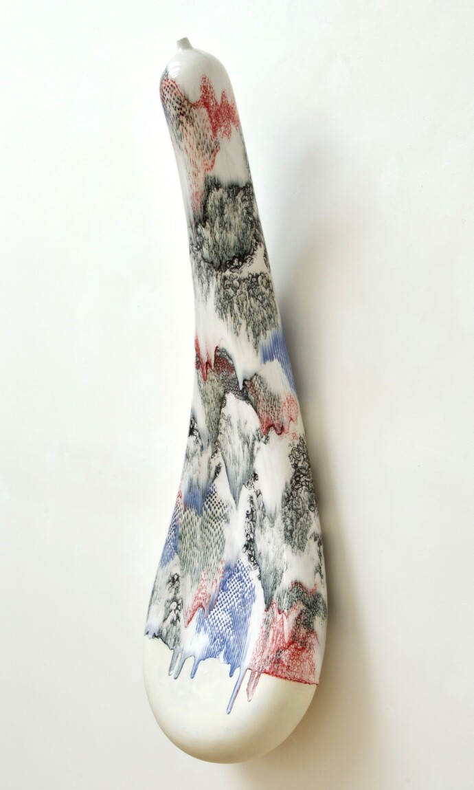 This sculptural wall-mounted vessel is by Steven Heinemann.