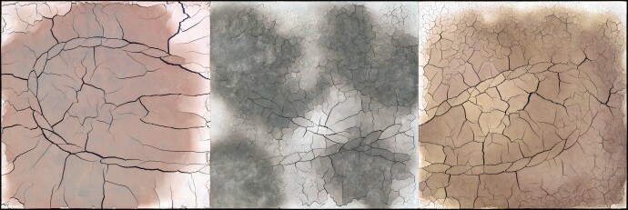 This unique digital print by Steven Heinemann is a triptych that resembles a desert landscape.