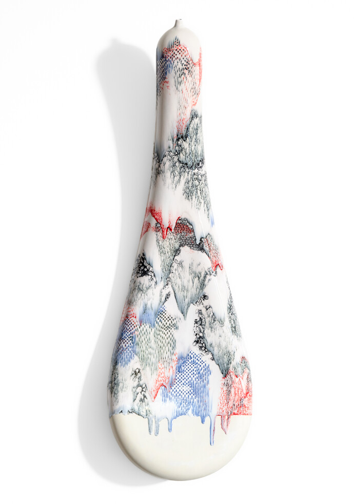 This sculptural wall-mounted vessel is by Steven Heinemann.