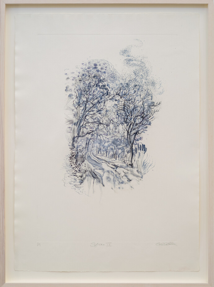 This unique nature print by Susan Collett features a sketch of the woods.