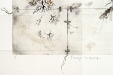 Delicate branches, roots, and drifting clouds in soft ochre, white, grey and black form a playful map-like narrative in this unique printed … Image 8