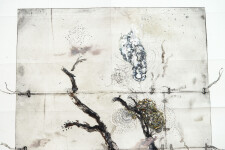 Delicate branches, roots, and drifting clouds in soft ochre, white, grey and black form a playful map-like narrative in this unique printed … Image 2