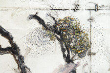 Delicate branches, roots, and drifting clouds in soft ochre, white, grey and black form a playful map-like narrative in this unique printed … Image 5