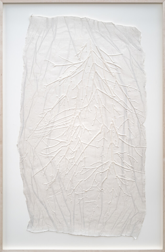 This unique embossed white print was inspired by nature and features tree imagery.