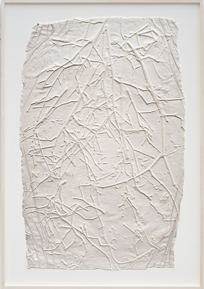 This unique embossed white print was inspired by nature and features tree branch imagery.