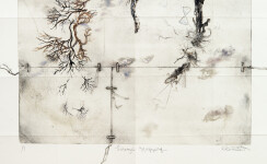 Delicate branches, roots, and drifting clouds in soft ochre, white, grey and black form a playful map-like narrative in this unique printed … Image 9