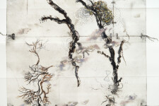 Delicate branches, roots, and drifting clouds in soft ochre, white, grey and black form a playful map-like narrative in this unique printed … Image 10