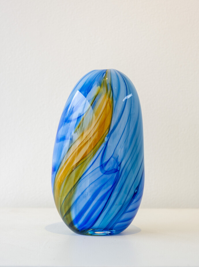This contemporary blue and gold coloured glass vessel is by Susan Rankin.