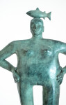 This indoor tabletop figurative sculpture includes a fish and is forged from bronze that is patinated. Image 6