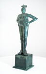 This indoor tabletop figurative sculpture includes a fish and is forged from bronze that is patinated. Image 2