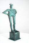 This indoor tabletop figurative sculpture includes a fish and is forged from bronze that is patinated. Image 4